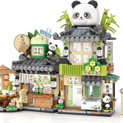 Mini Building Blocks Foldable Bamboo Panda Tea Shop Creative Construction Building Toy 860 Pcs Mini Bricks for Boy Girl Age 7+(Panda)