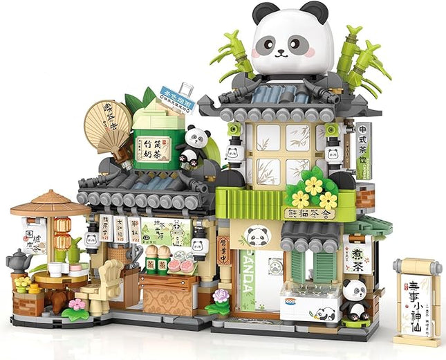 Mini Building Blocks Foldable Bamboo Panda Tea Shop Creative Construction Building Toy 860 Pcs Mini Bricks for Boy Girl Age 7+(Panda)