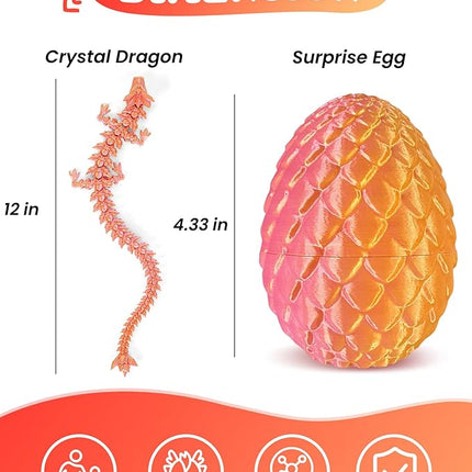 12 Inch 3D Printed Dragon - Mystery Surprise Egg with Flexible Articulated Dragon Inside, Cool Dragons Toys for Boys Kids Age 5-7