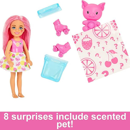 Barbie Pop Reveal Chelsea Small Doll, Fruit Series with 5 Surprises Including Pop-It Pet & Accessories, Features Scent & Color Change (Styles May Vary)