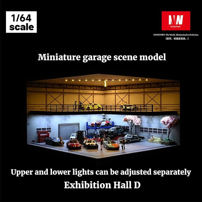 1/64 Model Car Display Case,Fits for 1/64 Hot Wheels Diecast Model Car,Diorama Double Decker Car Showroom Garage Model with Dimmable LED Lighting City Car Parking Lot Scene Model Collection (D)