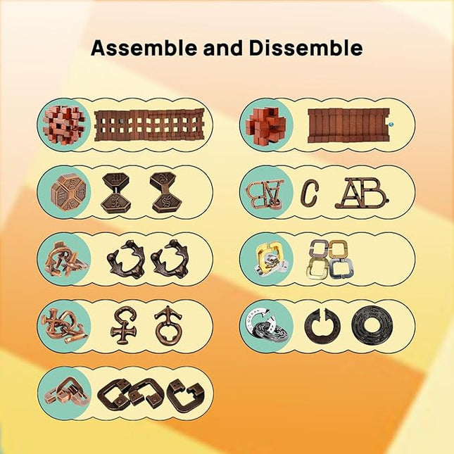 9pcs Difficulty Puzzles Gift for Adults, Teens, and Kids Brain Teaser Puzzles Game Desk Toys