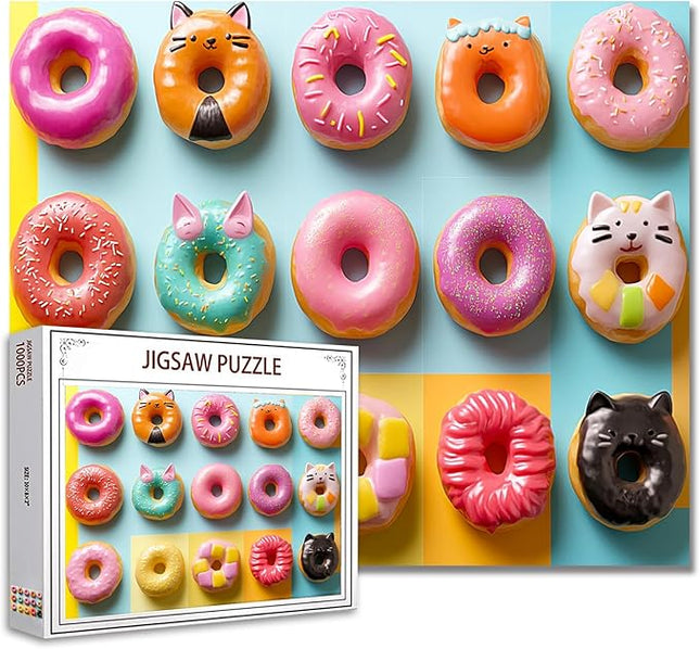 Colorful and Playful Donut Jigsaw Puzzle，Cat-Shaped Doughnut 1000 Pieces Jigsaw Puzzles for Adults，27 x 20 Inches Puzzles for Families，HD Quality Different Shapes Colors Doughnuts Puzzle Decor