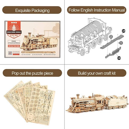ROKR 3D Wooden Puzzle for Adults-Mechanical Train Model Kits-Brain Teaser Puzzles-Vehicle Building Kits-Unique Gift for Teens on Birthday/Christmas Day(1:80 Scale)(MC501-Prime Steam Express)