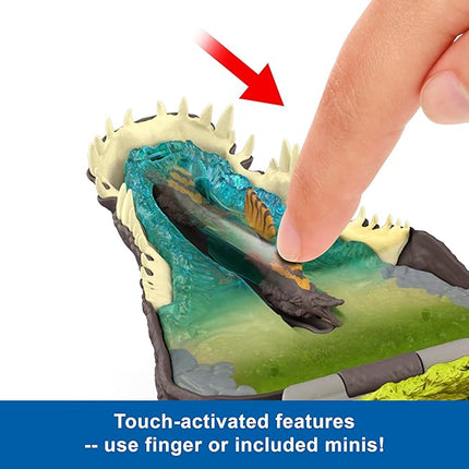 Mattel Jurassic World Rebirth Micro Adventure Playset, Spinosaurus Head Opens to 4 Interactive Features, 3 Micro Figures, Dinosaur Toy