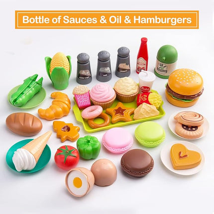 130Pcs Kitchen Playset, Toddler Pretend Cooking Play Pots, Pans, Utensils Cookware, Daily Food Fruit Veges, Shopping Storage Basket, Dessert, Prop Money, Learning Gift for Child (White)