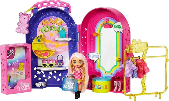 Barbie Extra Minis Doll & Fashion Playset with 15+ Pieces, Boutique with Small Doll, Clothes & Accessories Including Gummy Bear Keychain