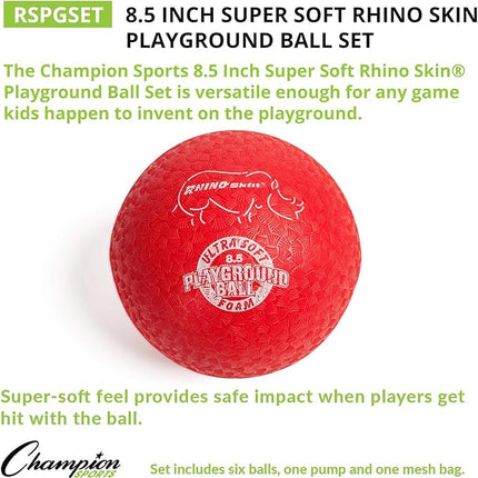 Champion Sports Super Soft Playground Ball Set – Rhino Skin® Foam Inflatable Balls for Indoor & Outdoor Play Durable, Lightweight & Safe for All Ages, Set of 6 with Pump & Mesh Bag