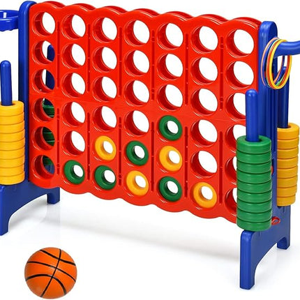 Costzon Giant 4-in-A-Row, Jumbo 4-to-Score Giant Game w/Basketball Hoop, Ring Toss, Quick-Release Slider, 42 Jumbo Rings, Indoor Outdoor Family Connect Game for Kids & Adults, Backyard Games, Blue
