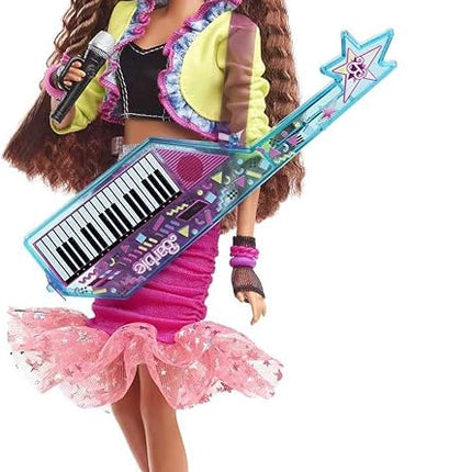 Barbie Rewind 80s Edition Dolls’ Night Out Doll, Brunette in Party Look Featuring Neon Jacket, Skirt & Accessories with Cassette Tape Doll Stand