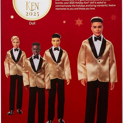 Barbie Signature 2025 Holiday Light Brown Hair Ken Collectible Fashion Doll Wearing Full Suit with Golden Jacket in Displayable Packaging & Doll Stand