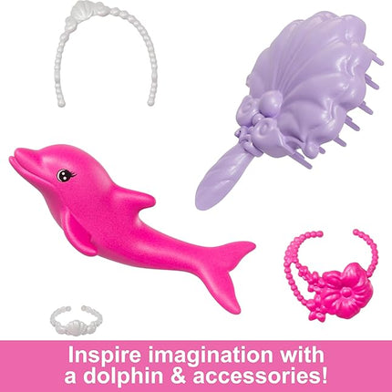 Barbie Mermaid Doll, “Malibu” with Pink Hair, Styling Accessories, Pet Dolphin and Water-Activated Color Change Feature (Amazon Exclusive)