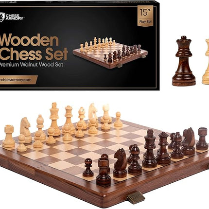 Chess Armory Wooden Chess Set 15 Inch - Premium Walnut Wood Handcrafted Game Board for Adults and Kids with Extra Queen Pieces and Storage Box - Ideal for Home and Travel - Non-Magnetic