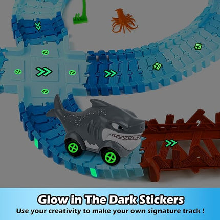 264 PCS Shark Race Tracks for Kids Toys, Glow in The Dark Magic Toy Set, 2 Shark Cars Track, Flexible DIY Track Set, Birthday Gift for Age 3-9 Boys Toddler Girls
