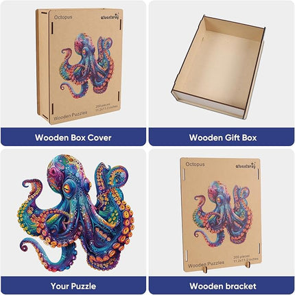Wooden Puzzles for Adults, Octopus Ocean Jigsaw Puzzles 200 Pieces Unique Animal Adult Puzzles, Irregular Wood Puzzles Creative Gift for Adults and Kids Family Game (11.2x11.2 in)