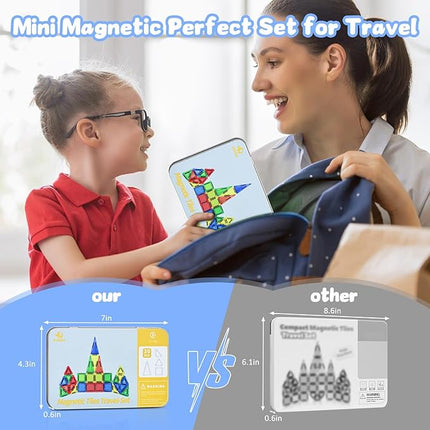 BEBOAN Travel Mini Magnetic Tiles 30PCS for Kids Ages 3+, Portable Travel Toy Essential Building Set Construction Toys with Storage Iron Case for Toddlers 3+ Boys Girls Birthday Gift