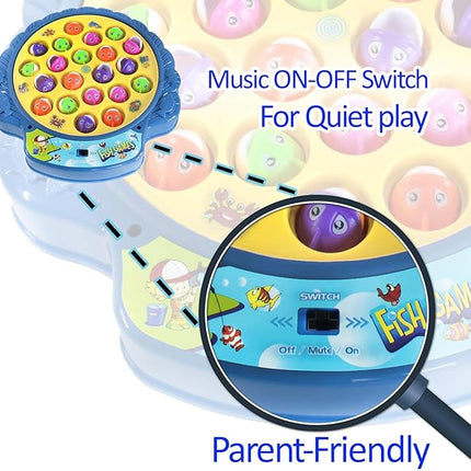 Haktoys Fishing Game Play Set Includes 21 Fish and 4 Fishing Poles on Rotating Board with Music On/Off Switch, Ocean Animal Sticker Book with Reusable Stickers | Board Game for 1-4 Players