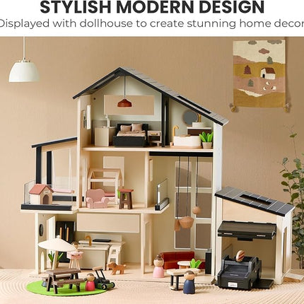 Tiny Land Wooden Dollhouse Garage Set – Realistic Design with Garage, Workbench,Lawn Mower & SUV Car, Expansion Dollhouse Furniture & Accessories for Doll house, Educational Pretend Play Gift for Kids