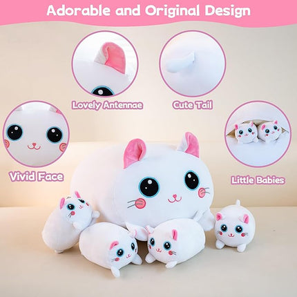 Cat Plush Stuffed Animals with 4 Kitties Plushies,16" Soft Jumbo Pillow Gifts for Kids Him Her Girlfriend Boyfriend