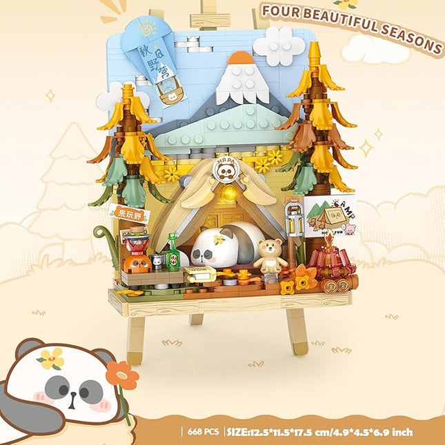 MEIEST Panda Mini Building Blocks Cute 3D Painting Model Set,Creative 4 Seasons' Views Collection Construction Building Bricks Toy,Home Decor (Autumn-Camping)