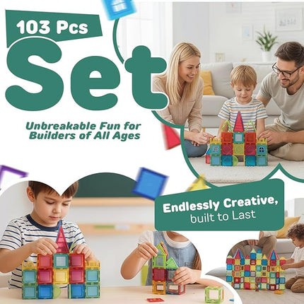 103 PCS Magnetic Tiles for Kids – STEM & Montessori Magnetic Building Blocks for Boys and Girls Ages 3 and Up - Durable & Safe Magnetic Toys Gift Set