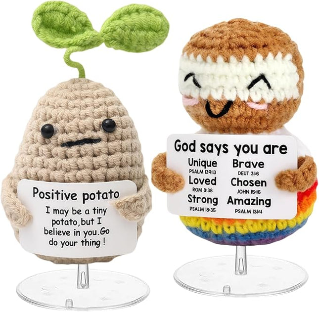 Mini Funny Knitted Wool Potato Toy with Positive Card - Creative Cute Crochet Doll Cheer Up Gift for Friends, Parties, Christmas Decoration and Encouragement
