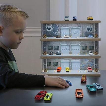Storage Display Garage Compatible with Hot Wheels - Toy Car Garage with Lights, Freestanding Display Case, Parking Garage Diorama for 1/64 Scale Diecast Cars with 4 Levels 24 Spots Maximum 40 Cars