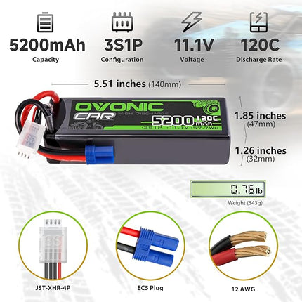 OVONIC 3S LiPo Battery 11.1V 5200mAh 120C with EC5 Plug for RC Car RC Truck Airplane Helicopter Boat Car Racing RC Hobby (2 Packs)