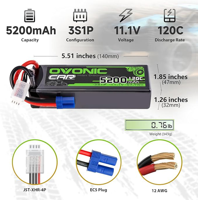 OVONIC 3S LiPo Battery 11.1V 5200mAh 120C with EC5 Plug for RC Car RC Truck Airplane Helicopter Boat Car Racing RC Hobby (2 Packs)