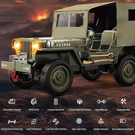 RC Jeep 1/10 Scale Willys Hobby RC Car Off-Road Military Crawler, 2.4Ghz Military Truck 4WD RC Crawler with Light, Tarpaulin, Metal Shaft, 4x4 Off Road Vehicle RTR Jeep Car, 2 Batteries