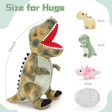 MorisMos Dinosaur Stuffed Animals Set,23.6'' Big Stuffed Dinosaur Mommy + 3 Baby Dino Toys+3 Plush Dino Eggs, Boy Girl T-Rex Toys for Kid Birthday Gift,Realistic T-rex, CPC Certified,Machine Washable