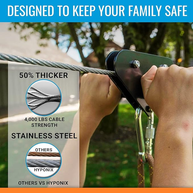 Zip Line Kit for Kids and Adults, 100/120 / 150/200 ft, Up to 350 Lbs, Rustproof Stainless Steel, Quick Setup with Ratchet, Safety Harness, Backyard Adventure Fun Includes Climbing Holds