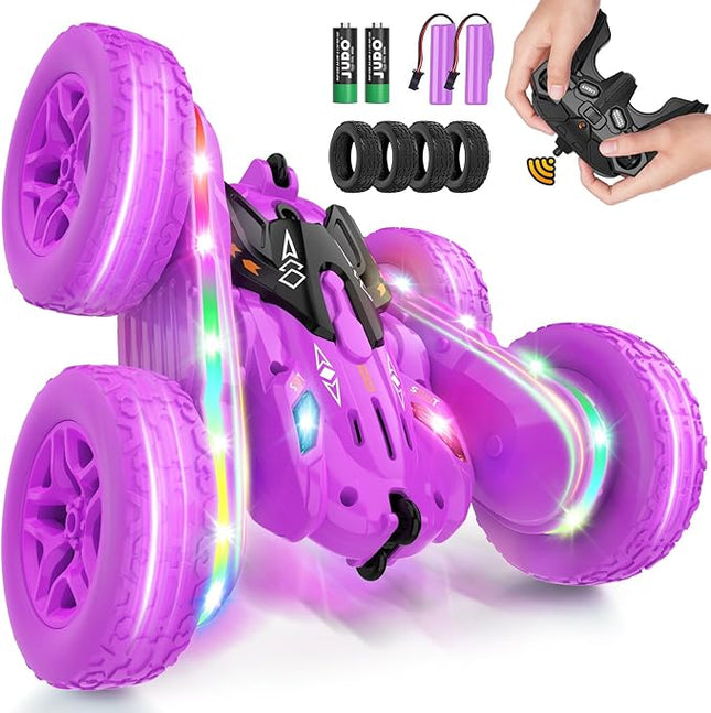 Remote Control Cars for Girls, 2.4GHz RC Stunt Car with 360° Flips & Double Sided Driving, LED Strip Lights and Headlights, Changeable Wheels, Birthday Gift for 5-12 Year Old Girls (Purple)
