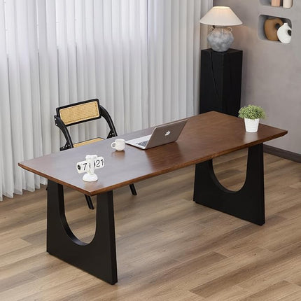 Wooden Executive Office Desk Computer Table Multi-Sized High Cost Performance Stylish Design Metal Legs Versatile Use for Office or Dining Casual Table (Walnut Color, 55.12in)