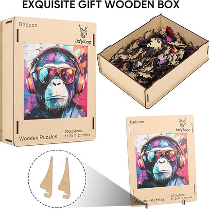 Wooden Puzzles for Adults, Face of Baboon Jigsaw Puzzles 200 Piece, Modernist Painting Style Adult Puzzles, Family Brain Game Gift 11x11.2 inch