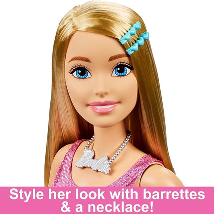 Large Barbie Doll with Blond Hair, 28 Inches Tall, Shimmery Pink Dress with Necklace and Hair Clip Accessories, HJY02