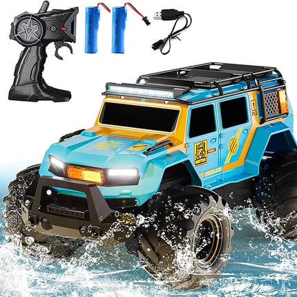 Amphibious Remote Control Car Waterproof Monster RC Cars 4WD All Terrain Off-Road Stunt Vehicle Toys with 2.4 GHz LED Lights for 6 7 8 9 10 11 12+ Year Old Kids Boys Girls Gifts Presents (Blue)