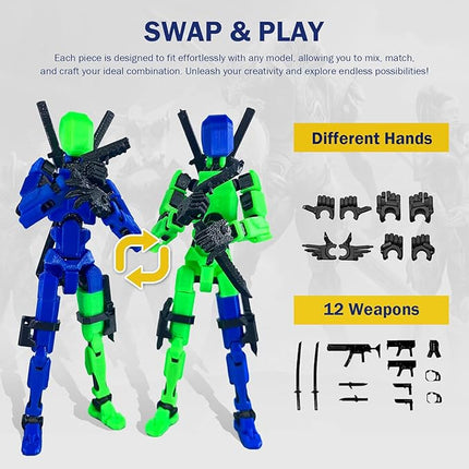Pre-Assembly 3D Printed 5.54'' Dummy13 Action Figure, Multi-Jointed Tian13, Articulated T13 Desktop Decoration,12 in 1 Accessories, Best Birthday Festival Gift (Blue+red)