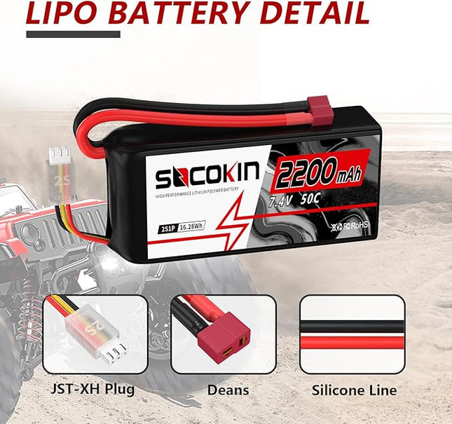 2S Lipo Battery 7.4V 50C 2200mAh Batteries with T-Plug Connector Plug Shorty Soft Case Battery for FPV Drone Quadcopter UAV Airplane Helicopter RC Car Truck Boat Truggy (2 Pack)
