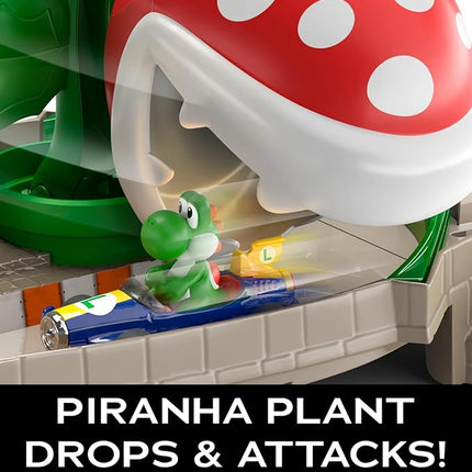 Hot Wheels Mario Kart Track Set & Toy Car, Piranha Plant Slide Playset with First-Appearance Yoshi Kart Vehicle & Gravity Launcher