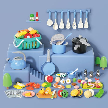 130Pcs Kitchen Playset, Toddler Pretend Cooking Play Pots, Pans, Utensils Cookware, Daily Food Fruit Veges, Shopping Storage Basket, Dessert, Prop Money, Learning Gift for Child (Blue)