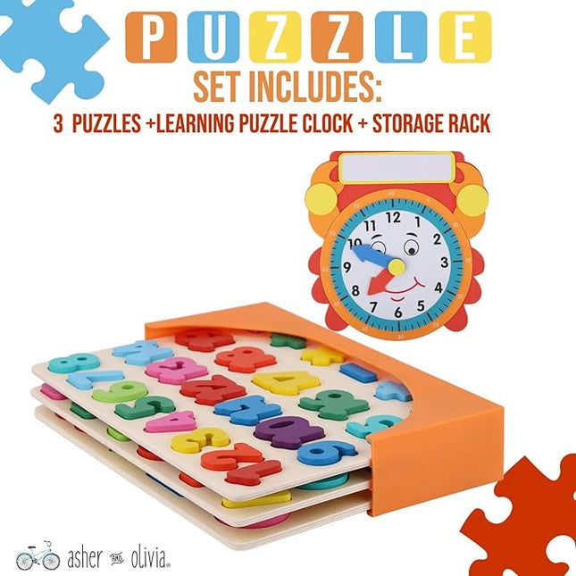 Wooden Puzzles for Toddlers and Rack Set - (3 Pack) Bundle with Storage Holder Rack and Learning Clock - 3 in 1 Kids Educational Preschool Peg Puzzles – Alphabet, Letters, Numbers and Shapes