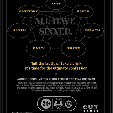 Truth or Drink: Sin Edition Adult Party Game by Cut | 250+ Questions Inspired by 7 Deadly Sins | Ages 21+ | 2+ Players | 30 Mins. | Stand-Alone or Expansion