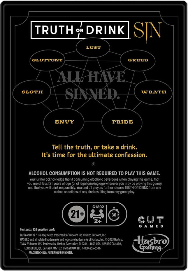 Truth or Drink: Sin Edition Adult Party Game by Cut | 250+ Questions Inspired by 7 Deadly Sins | Ages 21+ | 2+ Players | 30 Mins. | Stand-Alone or Expansion