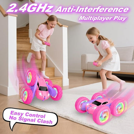 Remote Control Car, RC Cars for Girls, 2.4 GHz Double Sided RC Crawler with Upgraded USB-C Modular Battery, 360°Rotating Car Toys for 6 7 8 9 10 11 12 Year Old Girl Birthday Gift Pink-Purple