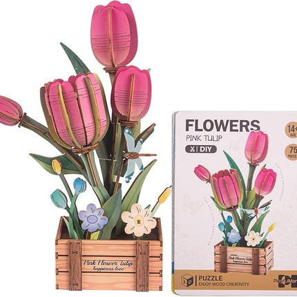 3D Wooden Flower Puzzles for Adults Pink Tulip, DIY Artificial Flower Building Set Wooden Bloom Craft Kits Home Decoration, for Women Mom Birthday Thanksgiving Christmas Valentine's Day