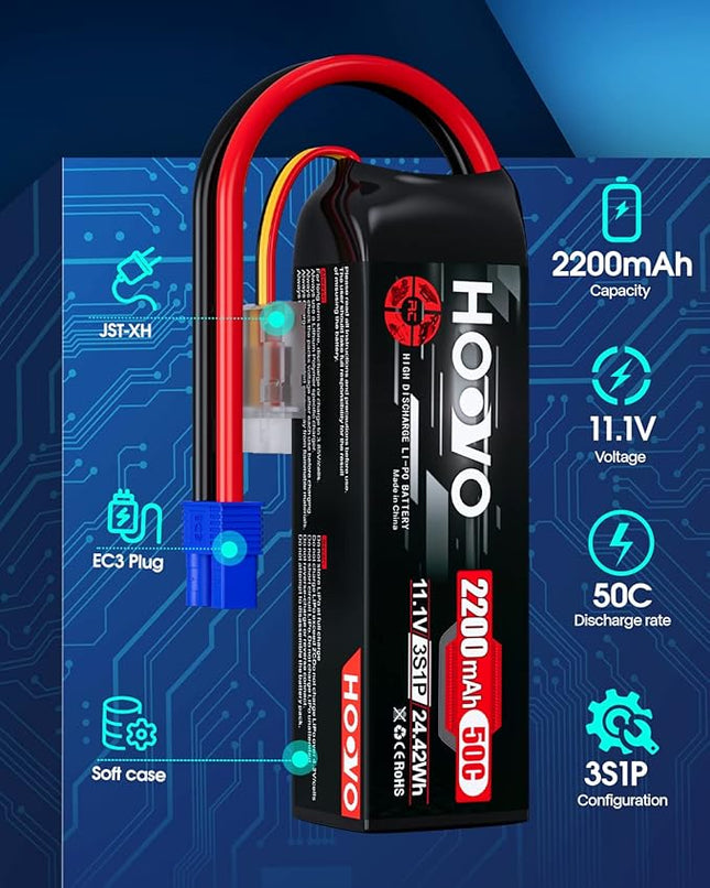 HOOVO 3S 11.1V Lipo Battery 2200mAh 50C with EC3 Plug for RC Car Boat Truck Multi-Motor Heli Airplane Quadcopter Helicopter Hobby