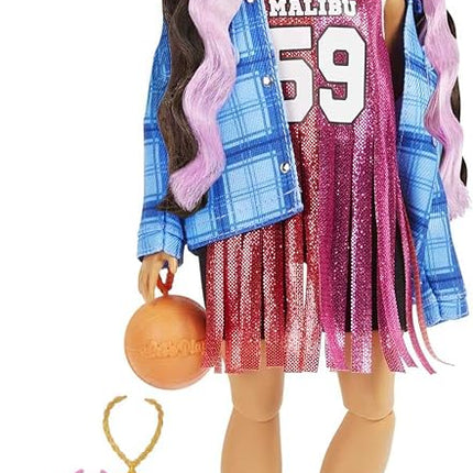 Barbie Extra Doll and Accessories with Pink-Streaked Crimped Hair in Jersey Dress with Pet Corgi
