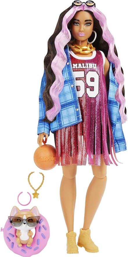 Barbie Extra Doll and Accessories with Pink-Streaked Crimped Hair in Jersey Dress with Pet Corgi