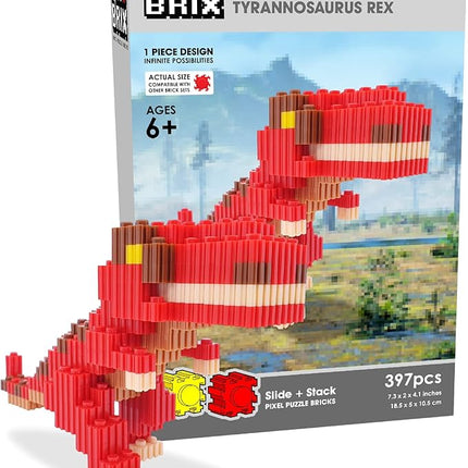 Pix Brix Pixel Art Puzzle Bricks – Dinosaur Series, T Rex – Patented Building Brick Set to Recreate Your Favorite Dino, Includes 397 Pieces – Create 2D and 3D Builds Without Water, Iron or Glue